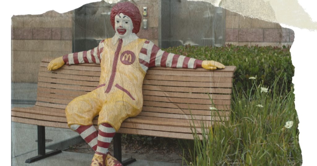 San Diego, CA, USA - May 14, 2022: Statue of McDonald's mascot Ronald McDonald is seen sitting on a bench outside the Ronald McDonald House Charities of San Diego near Rady Children's Hospital.